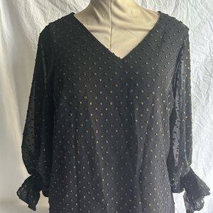 Vince Camuto Small Blouse Black with Gold Details  V Neck 3/4 Flutter Sleeve